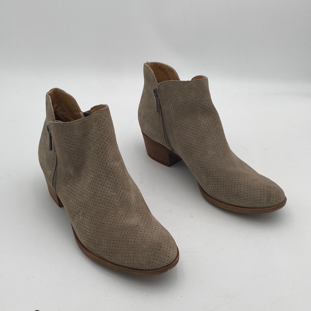 Lucky Brand Perforated Taupe Ankle Booties women 10M suede casual office retro